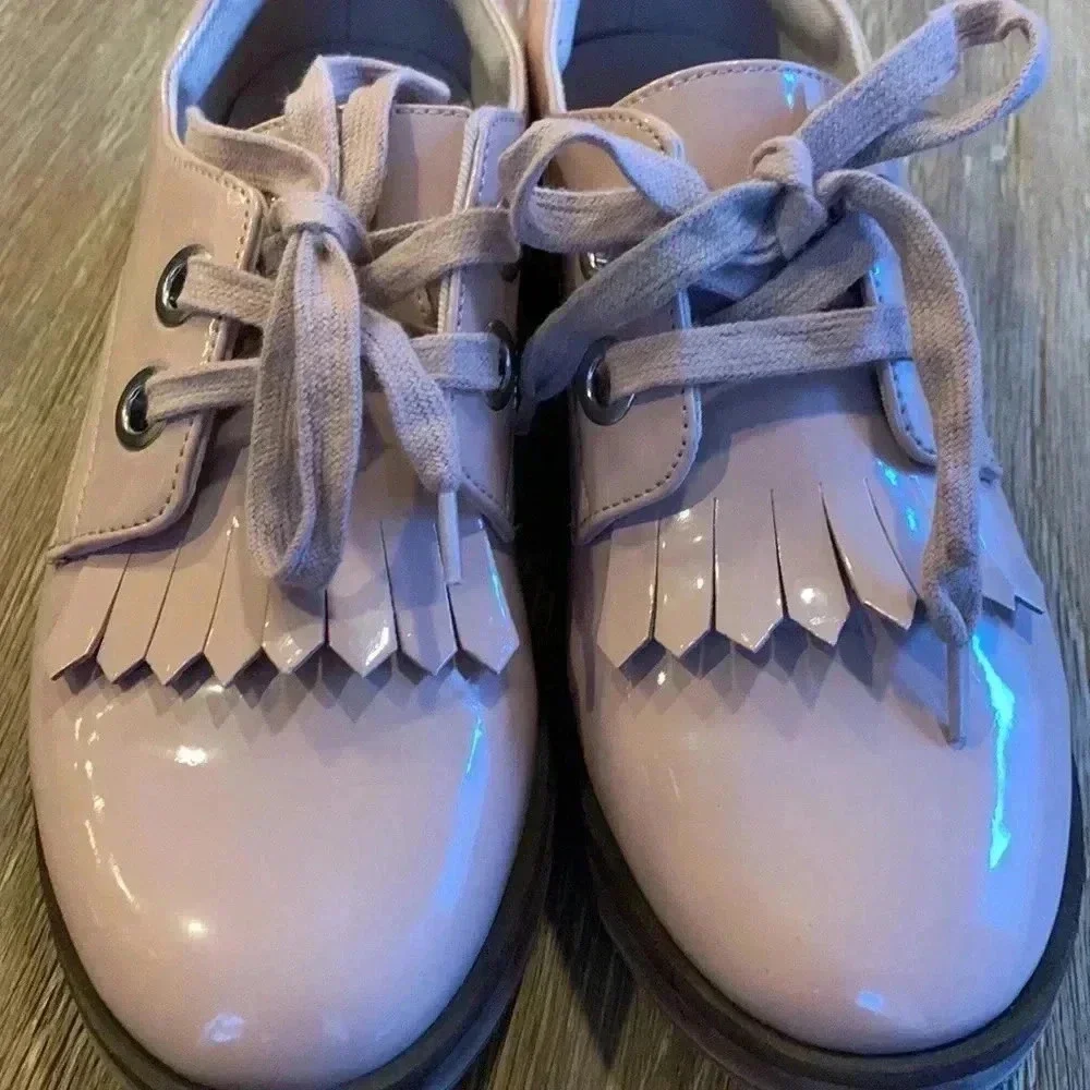 🩰Zara Girl Oxfords Ballet Pink Faux Patent Lace-Up Kilted Shoes Size 37 …